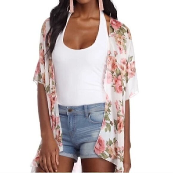 WINDSOR Cream Ivory Pink Floral Sheer Short Sleeve Oversized Kimono Cardigan Top - Picture 3 of 10